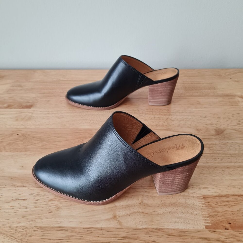 Madewell The Harper Mule Black Leather Almond Toe Block Heel Mules Sz 7 Slipon - Picture 5 of 9
